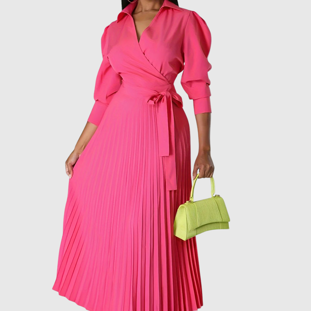 Evelina | Women's Pleated Wrap Midi Dress, Three-Quarter Sleeve Belted Dress