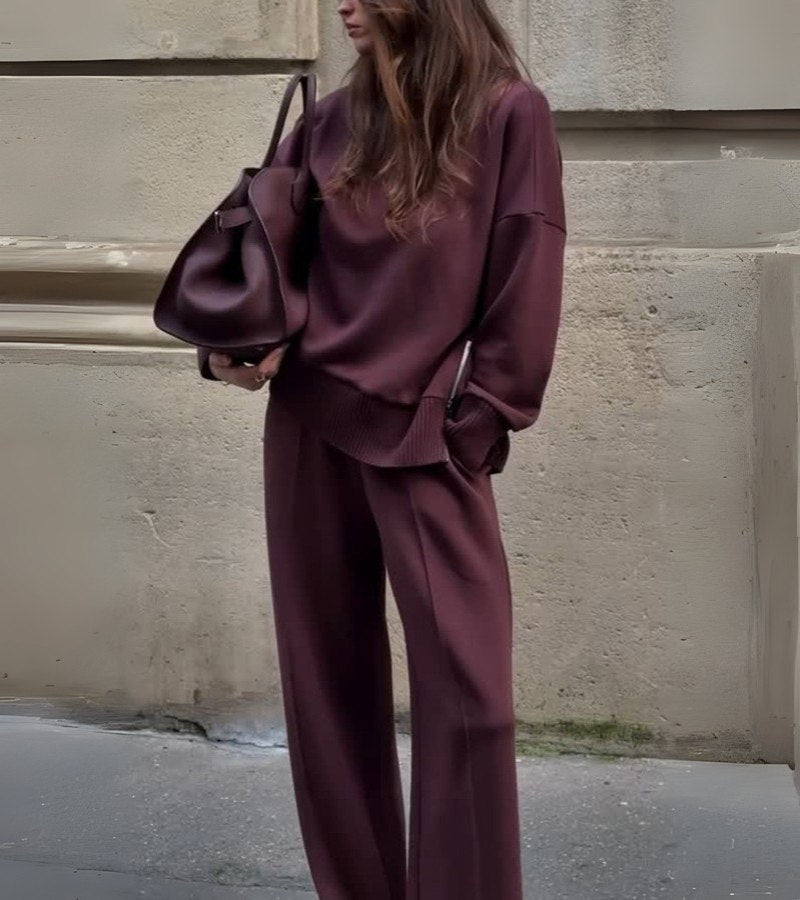 Elyza | Women's Soft Two-Piece Set, High-Neck Top and Wide-Leg Elastic Waist Pants