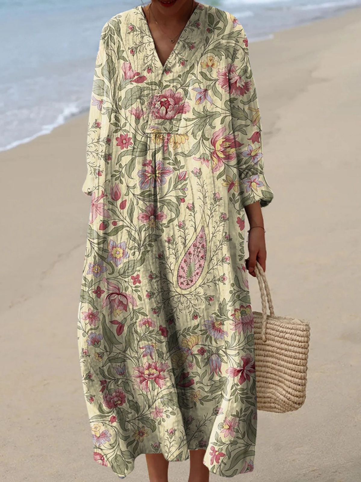 Women's Vintage Floral Print Cotton Dress, Long Sleeve Spring Dress for Everyday Wear