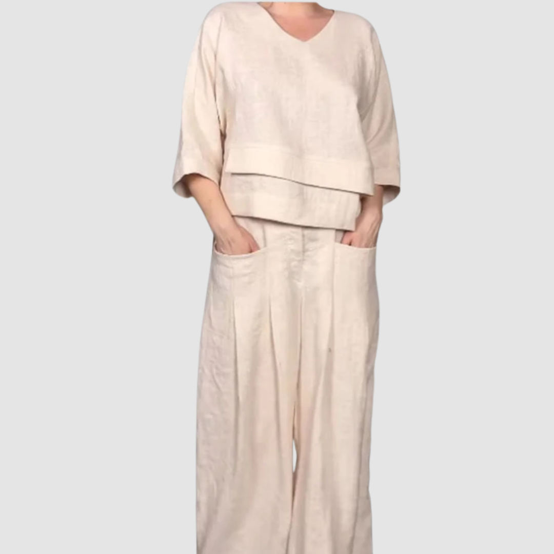 Vina | Women's Relaxed Two-Piece Set, Asymmetrical Top and Wide-Leg Pants Outfit