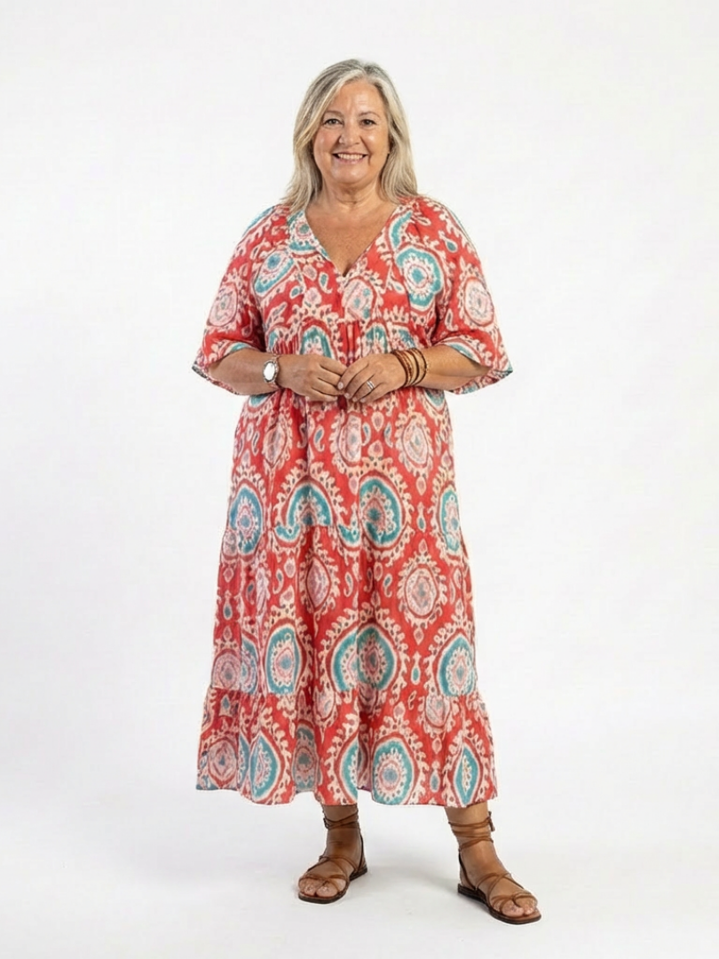 Zaria | Women's Paisley Print Midi Dress, V-Neck Short Sleeve Casual Dress