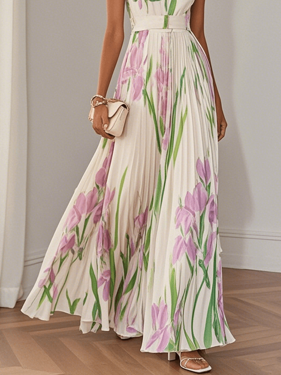 Ella | Women's Pleated Floral Polyester Maxi Dress, Sleeveless A-Line Square Neck Dress
