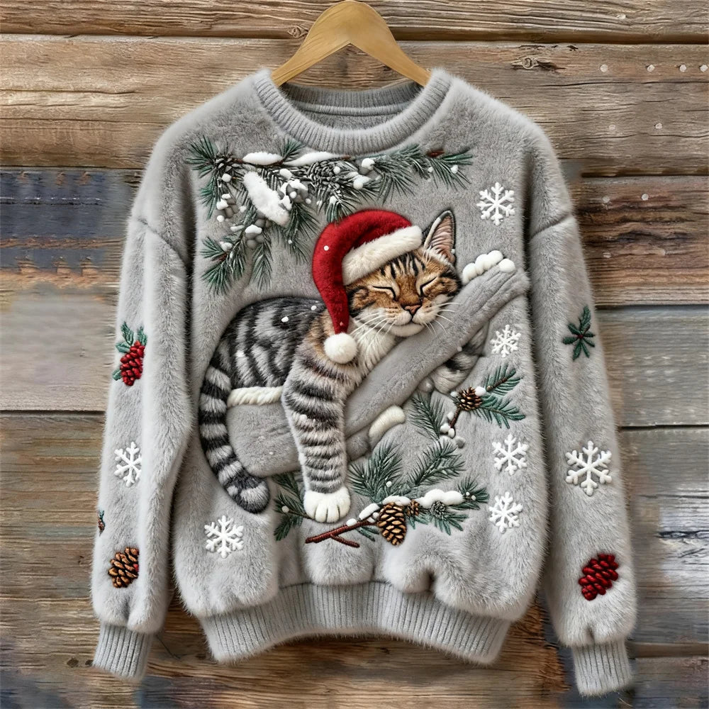 Olivia | Women's Plush Cat Christmas Sweater, Cozy Festive Winter Knit Sweater