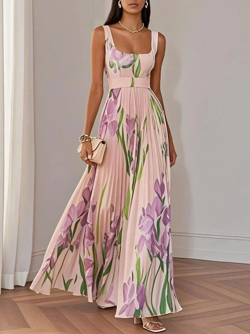 Ella | Women's Pleated Floral Polyester Maxi Dress, Sleeveless A-Line Square Neck Dress