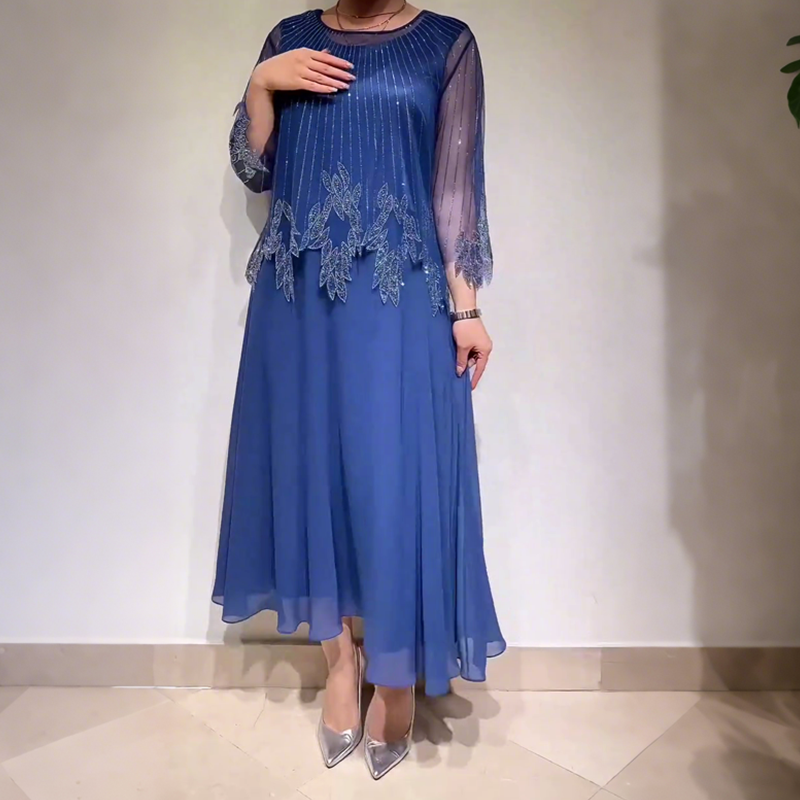 Women's Embellished Midi Dress, Sheer Sleeve Flowy Casual Dress