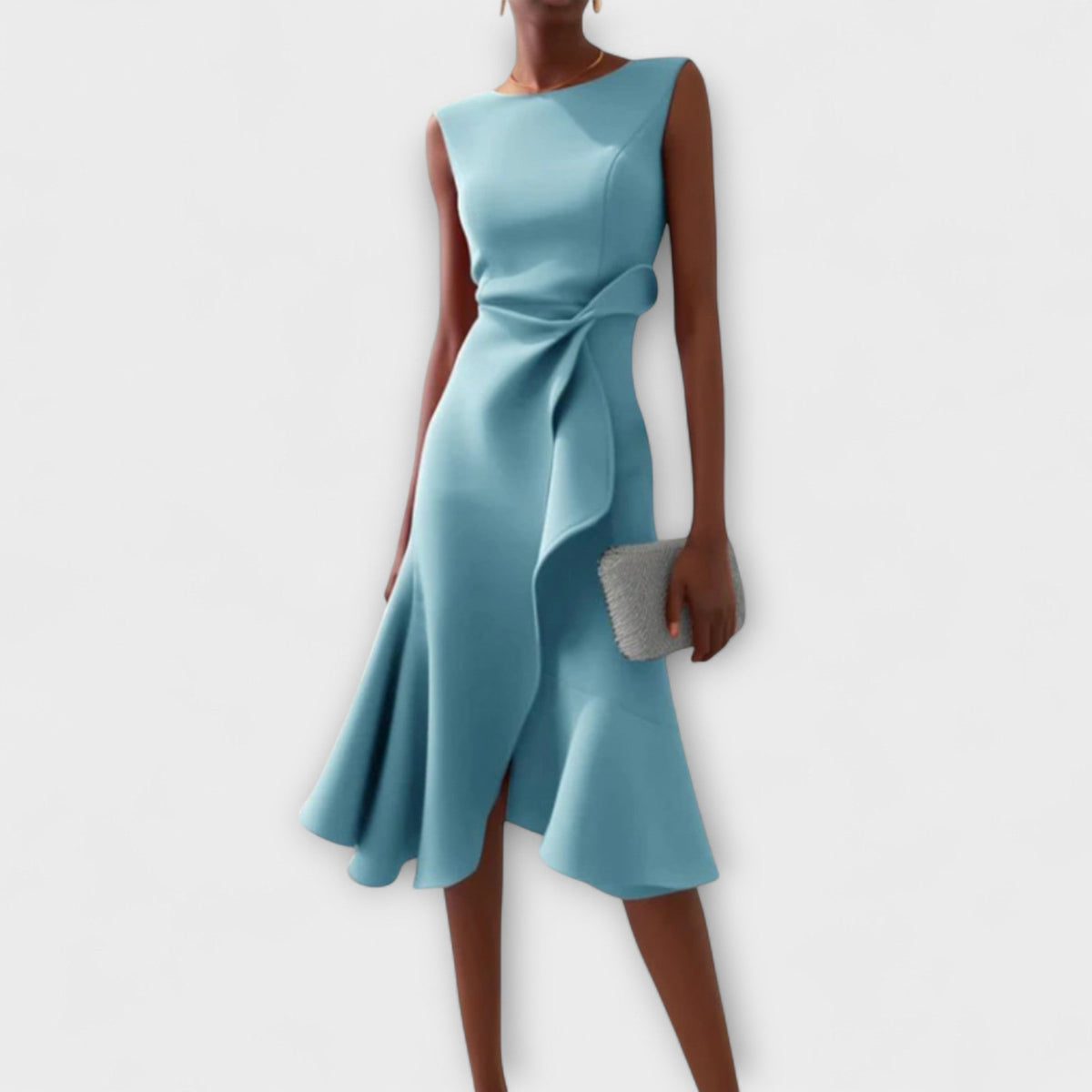 Darlene | Women's Sleeveless Asymmetric Midi Dress, Draped Wedding Guest Dress