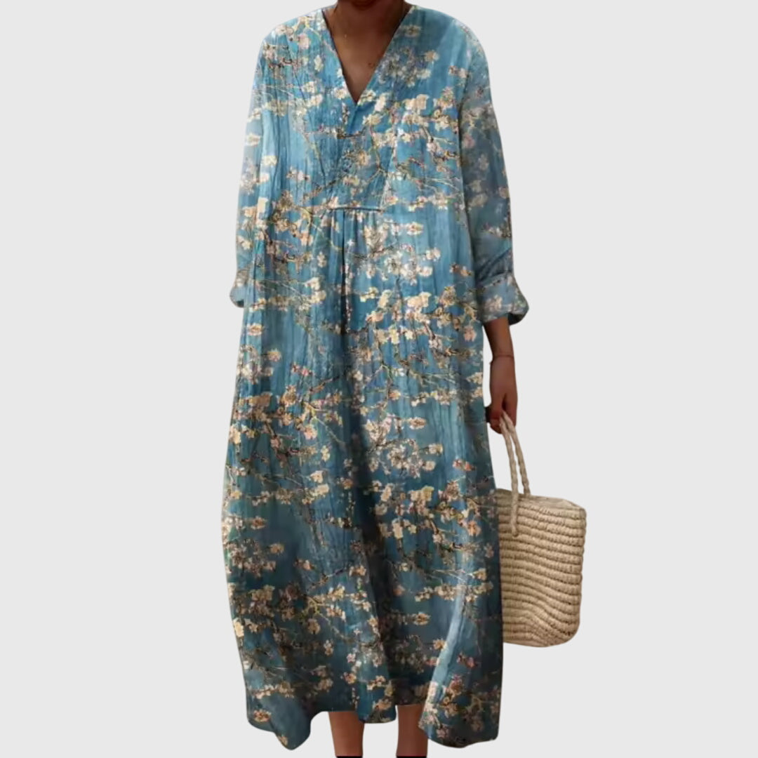 Stephanie | Women's Geometric Print Midi Dress, Fluid Relaxed Fit Day to Night Dress