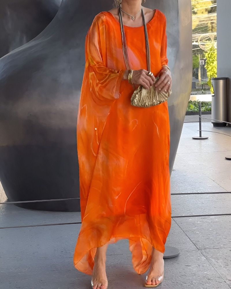 Sorea | Women's Long Sleeve Chiffon Maxi Dress, Printed Round Neck Party Dress