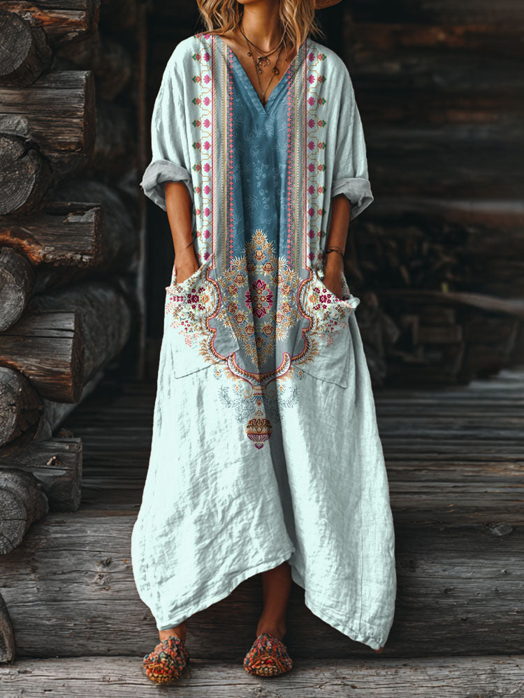 Ophira | Women's Vintage Boho Print Dress, V-Neck Relaxed Fit Dress with Pockets