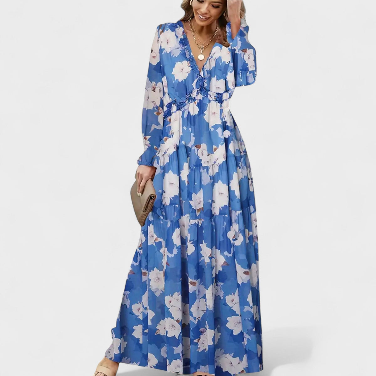 Zera | Women's Floral Tiered Maxi Dress, Long Sleeve V-Neck Dress for Warm Weather