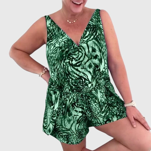 Dahlia | Women's Sleeveless Swim Dress with Built-In Swimsuit, V-Neck Printed Swimwear