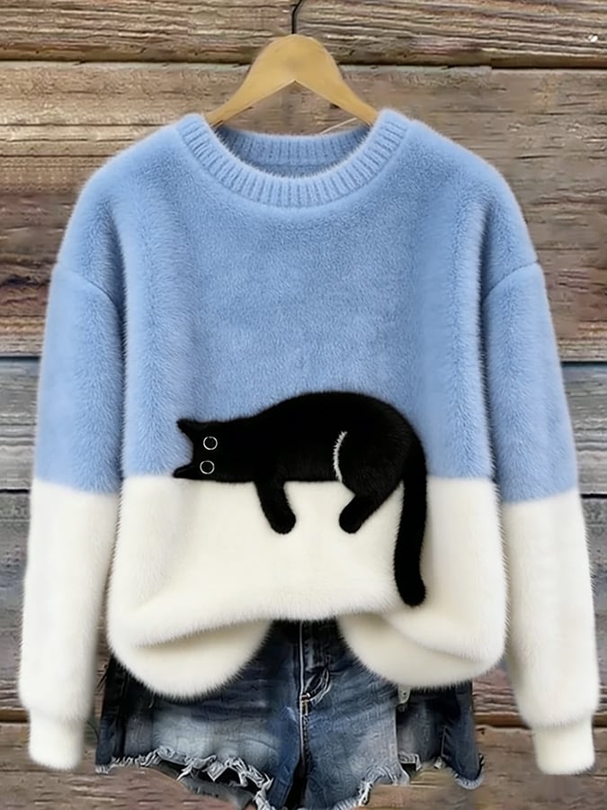 Luna | Women's Cat Print Cotton Blend Sweater, Relaxed Fit Casual Knit Sweater