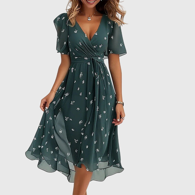 Catalina | Women's Wrap V-Neck Midi Dress, Flutter Sleeve Summer Dress