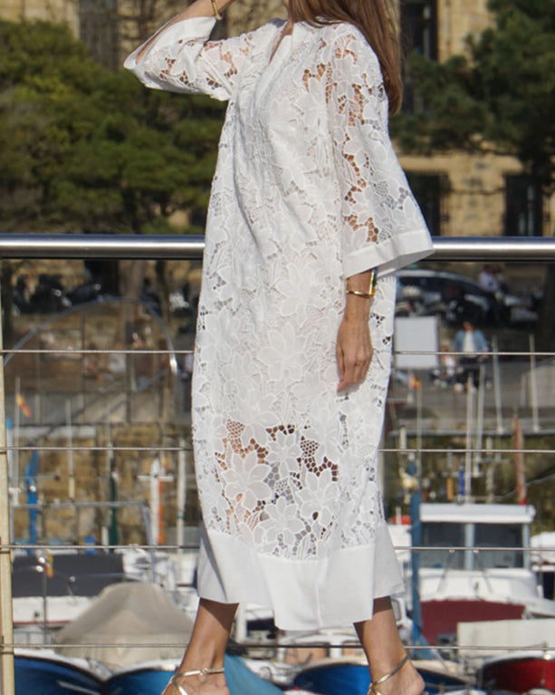 Isabelle | Women's All-Over Lace Midi Dress, Three-Quarter Sleeve Occasion Dress