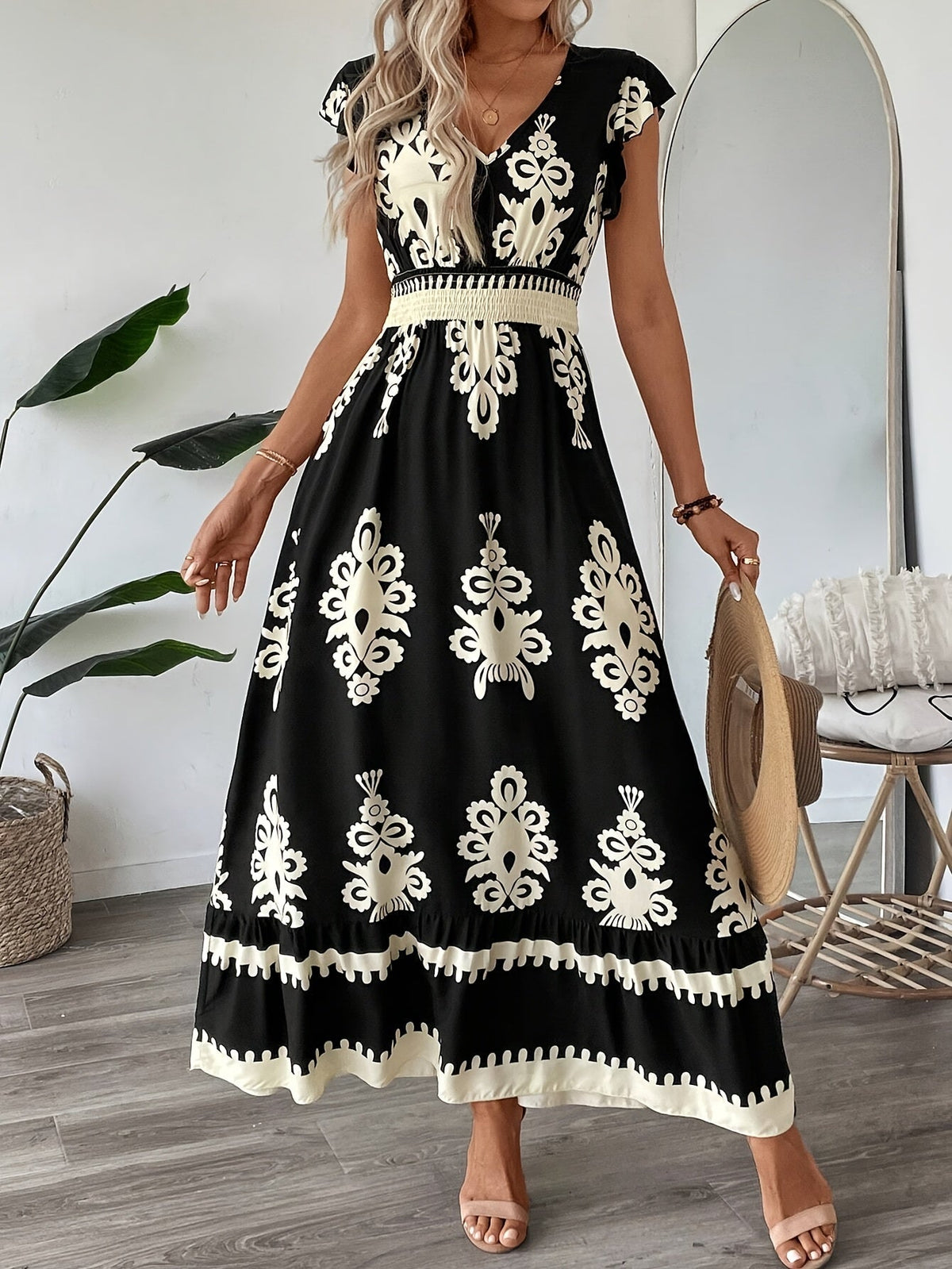 Alessia | Women's A-Line Maxi Dress, Shirred Waist V-Neck Summer Dress