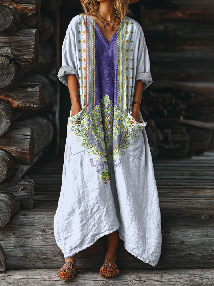 Ophira | Women's Vintage Boho Print Dress, V-Neck Relaxed Fit Dress with Pockets