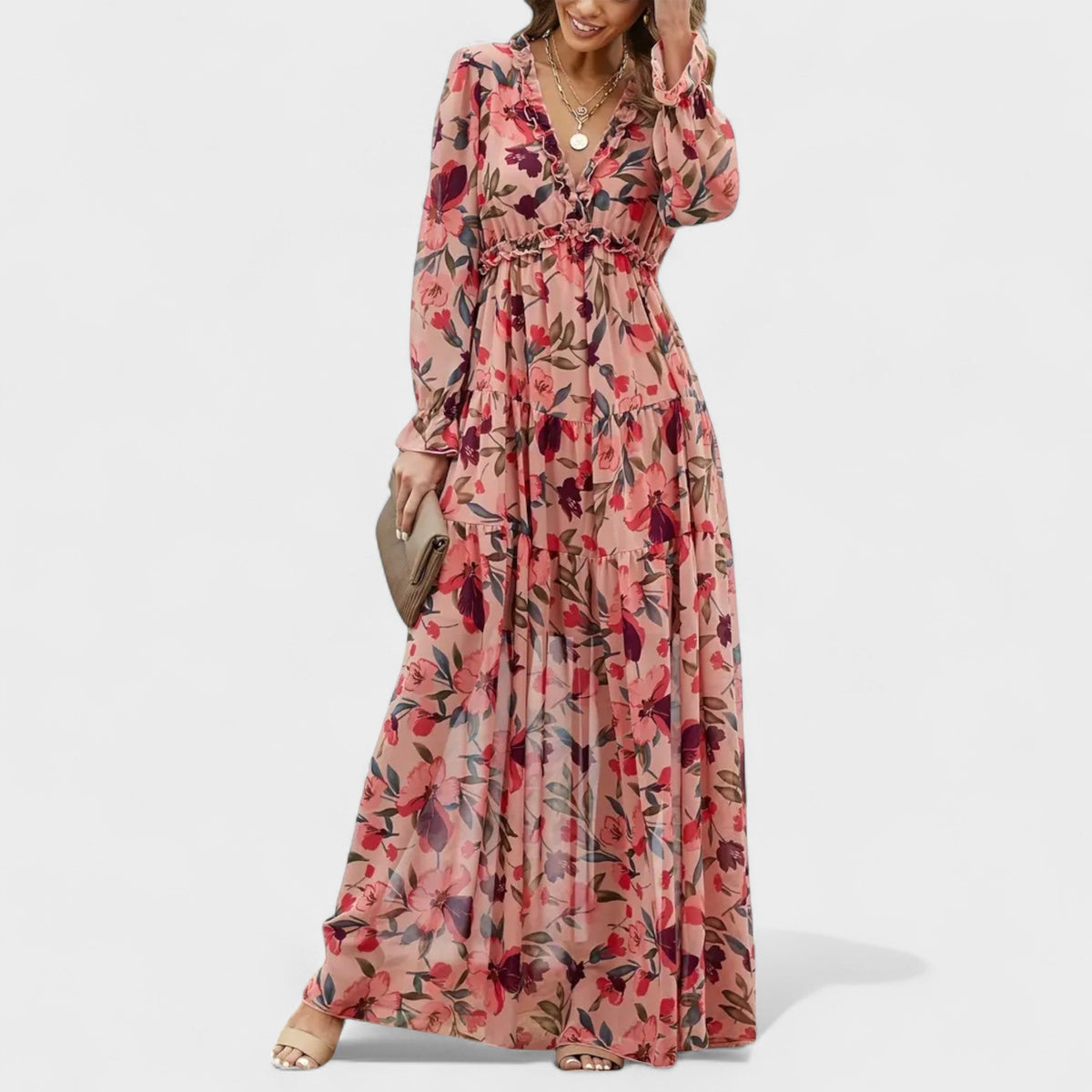 Zera | Women's Floral Tiered Maxi Dress, Long Sleeve V-Neck Dress for Warm Weather