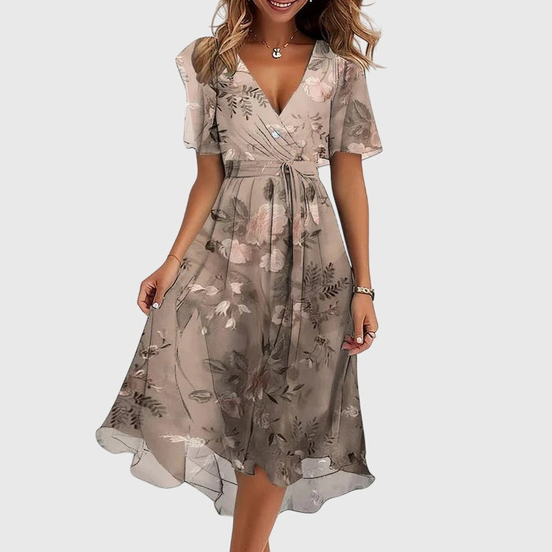 Catalina | Women's Wrap V-Neck Midi Dress, Flutter Sleeve Summer Dress