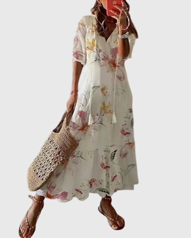 Amalia | Women's Bohemian V-Neck Maxi Dress, Lightweight Vintage Summer Dress