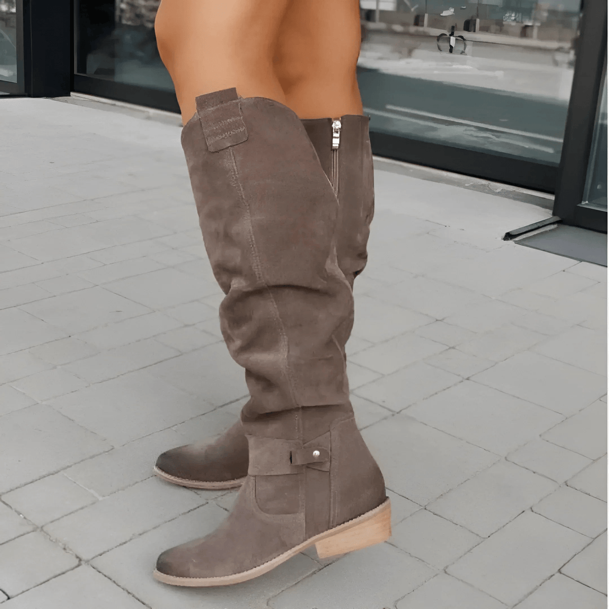 Savannah | Women's Tall Suede Western Boots, Slouchy Buckle Boots with Low Heel