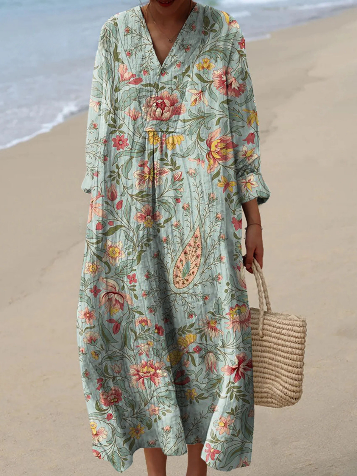 Women's Vintage Floral Print Cotton Dress, Long Sleeve Spring Dress for Everyday Wear