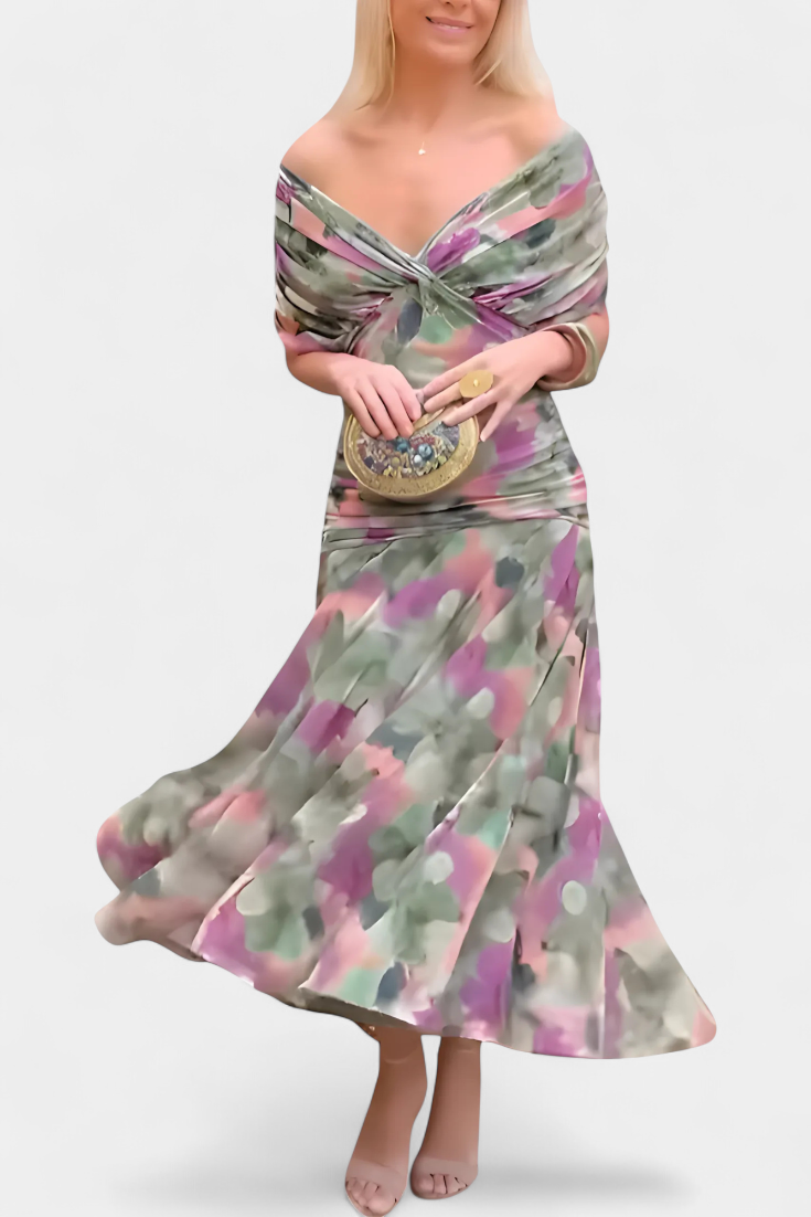 Alondra | Women's Floral V-Neck Maxi Dress, Long Pleated Waist Dress