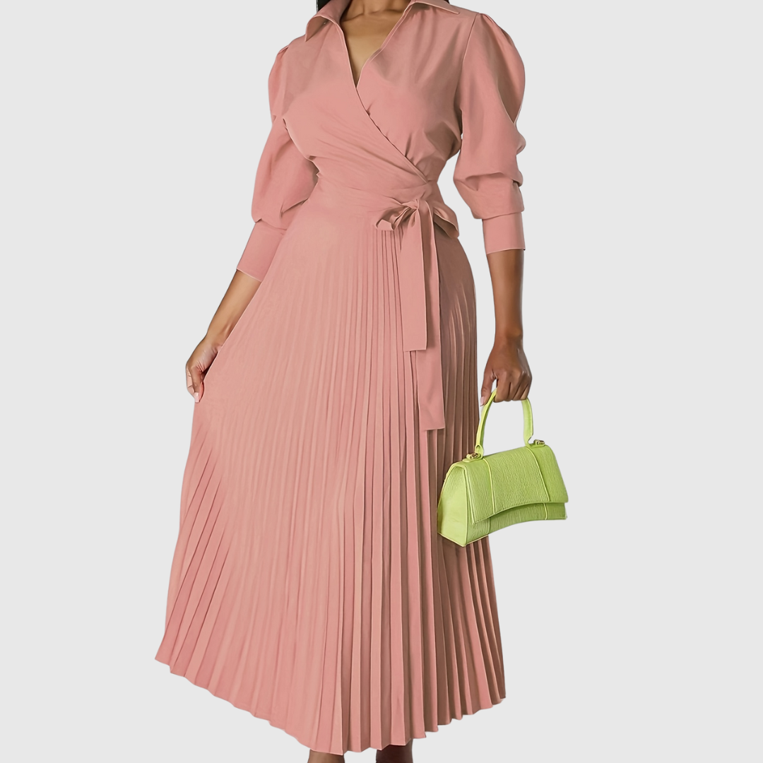 Evelina | Women's Pleated Wrap Midi Dress, Three-Quarter Sleeve Belted Dress