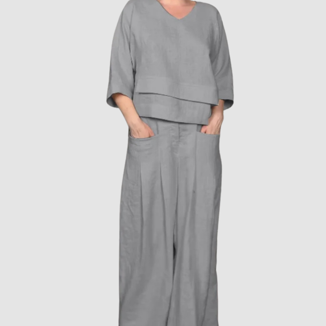 Vina | Women's Relaxed Two-Piece Set, Asymmetrical Top and Wide-Leg Pants Outfit