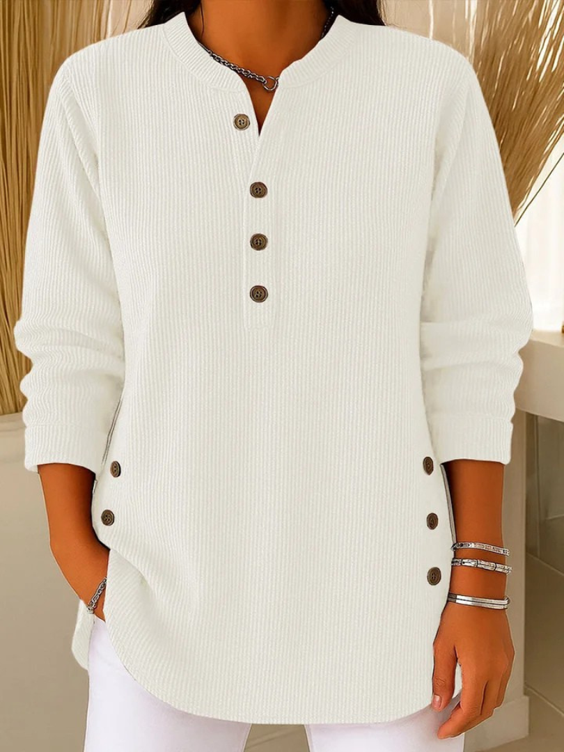 Theresa | Women's Ribbed Knit Pullover, Classic Crew Neck Button Sweater