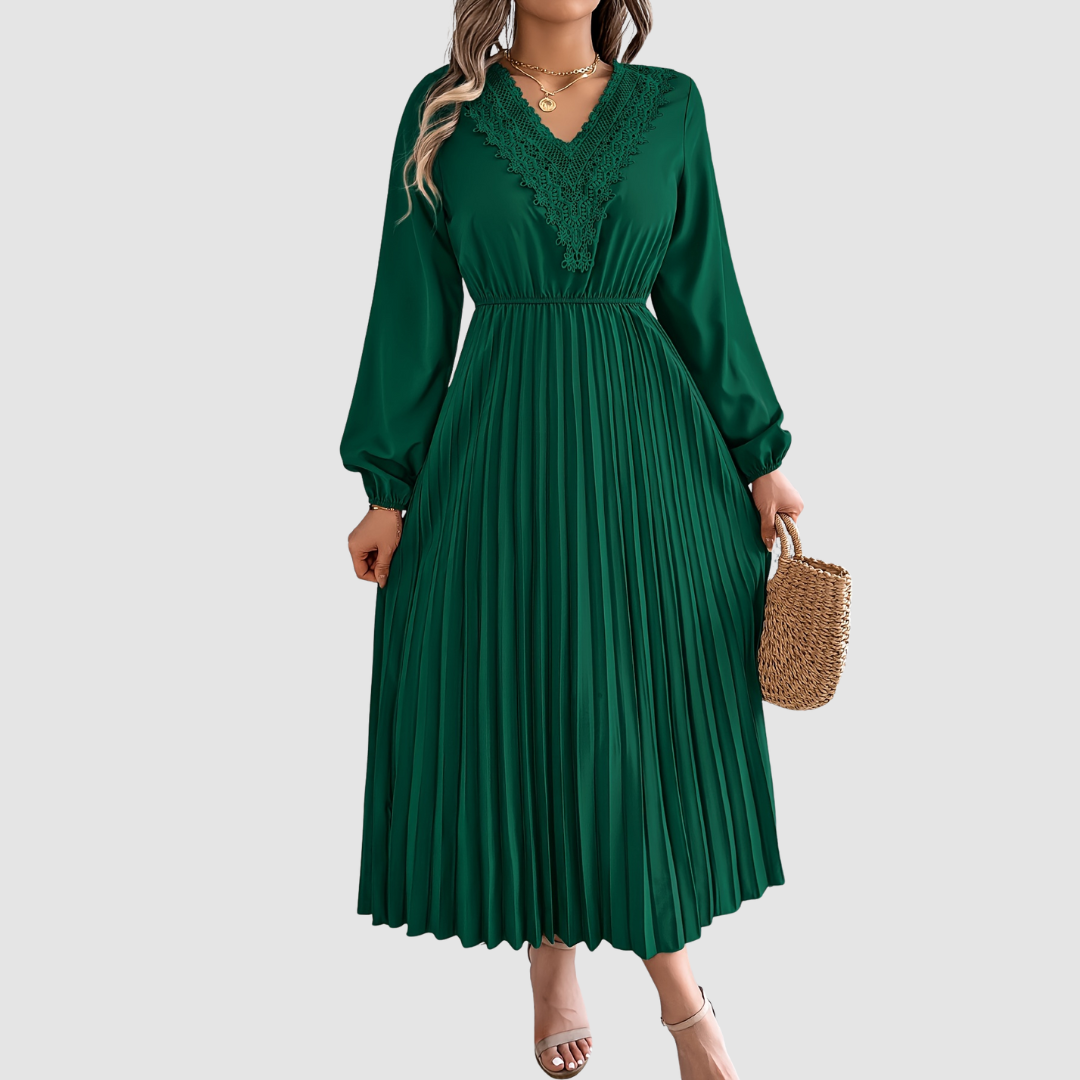 Rosalind Quinn | Women's Lace Trim V-Neck A-Line Dress, Long Sleeve Fall Dress