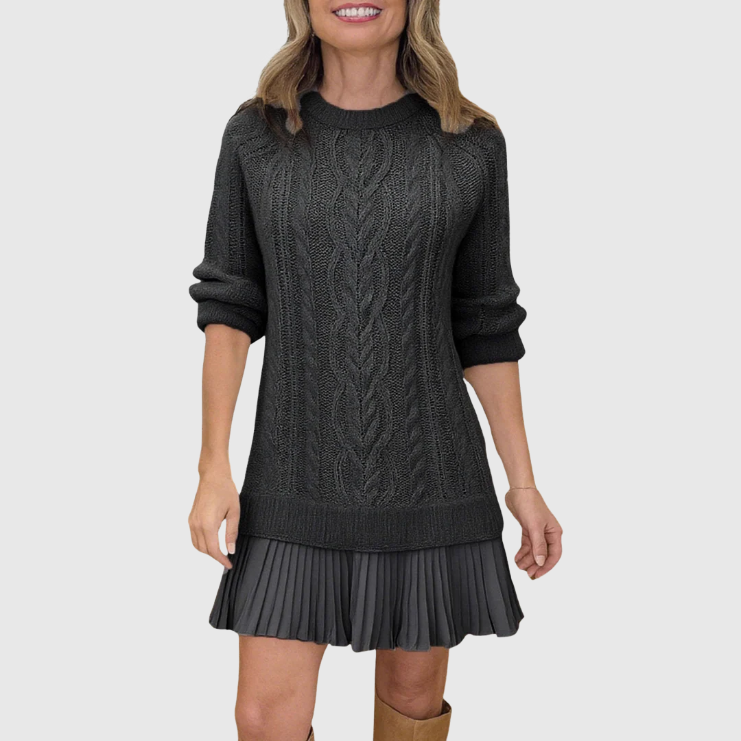 Eira | Women's Cable Knit Sweater Dress, Long Sleeve Crew Neck Winter Dress