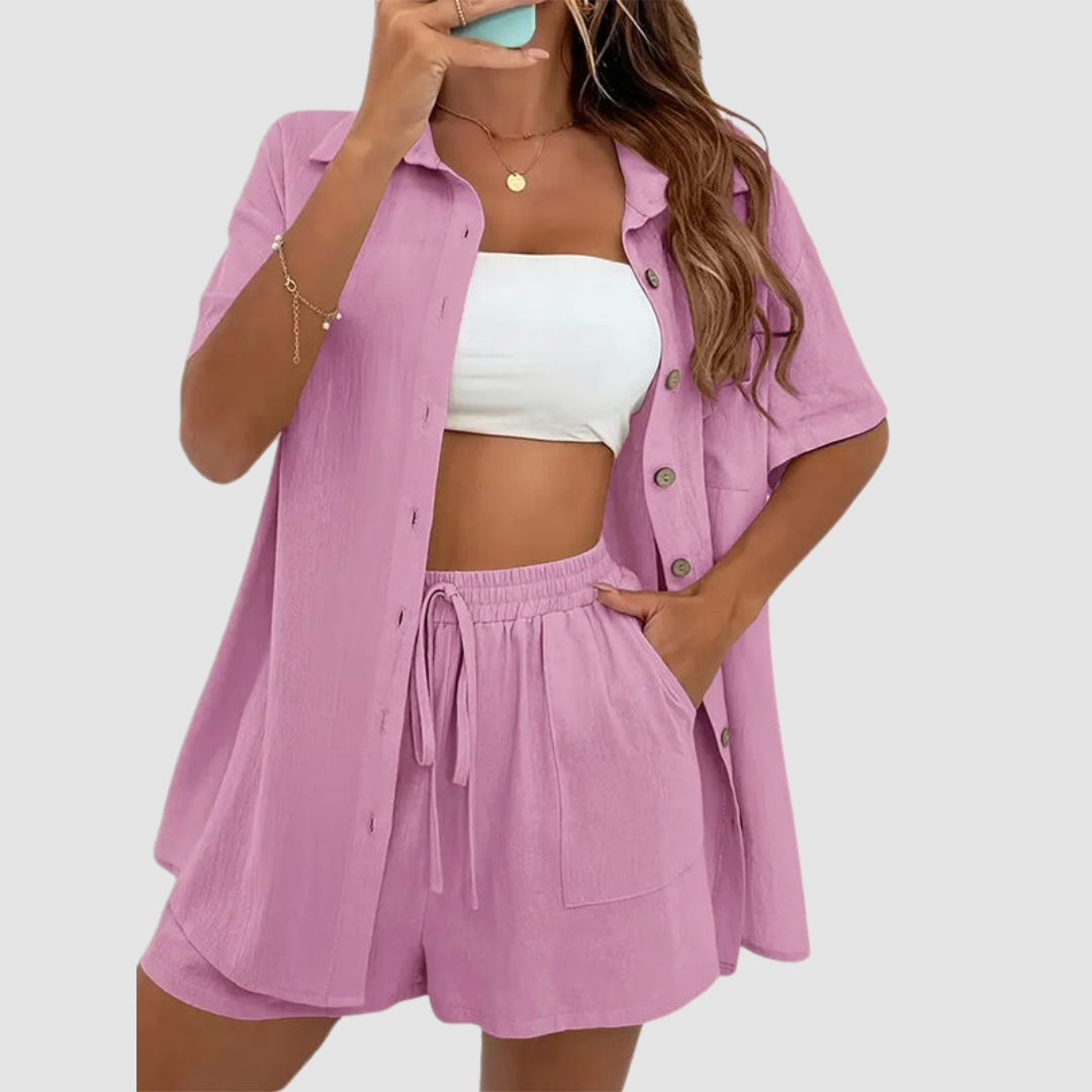 Frances | Women's Two-Piece Summer Set, Short-Sleeve Button-Up Top and Shorts