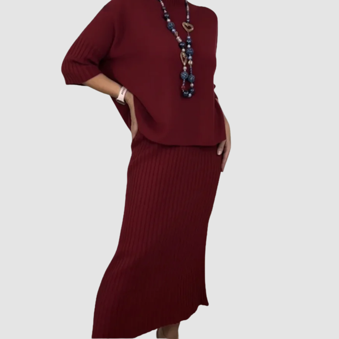 Delyssa | Women's Two-Piece Set, Relaxed Top and Ribbed High-Waist Midi Skirt