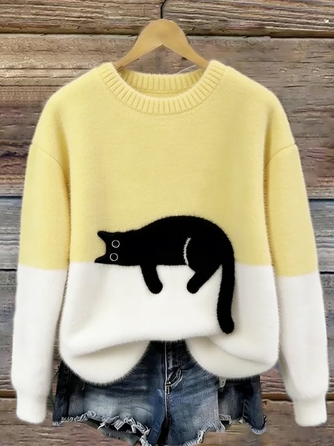 Luna | Women's Cat Print Cotton Blend Sweater, Relaxed Fit Casual Knit Sweater