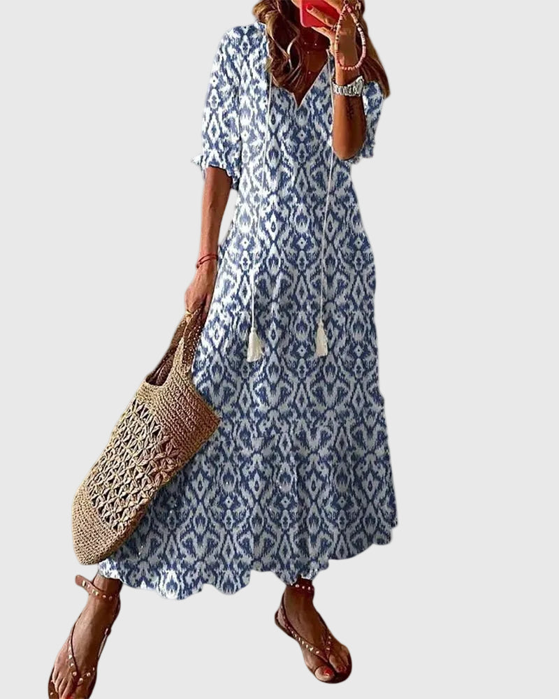 Amalia | Women's Bohemian V-Neck Maxi Dress, Lightweight Vintage Summer Dress