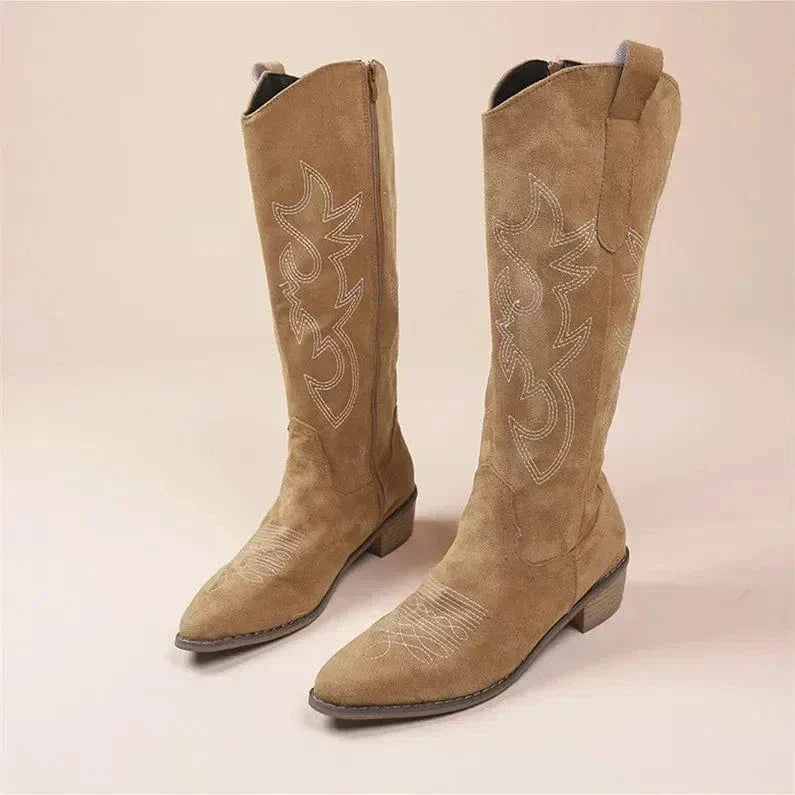 Women's Embroidered Suede Cowboy Boots, Pointed Toe Stacked Heel Western Boots