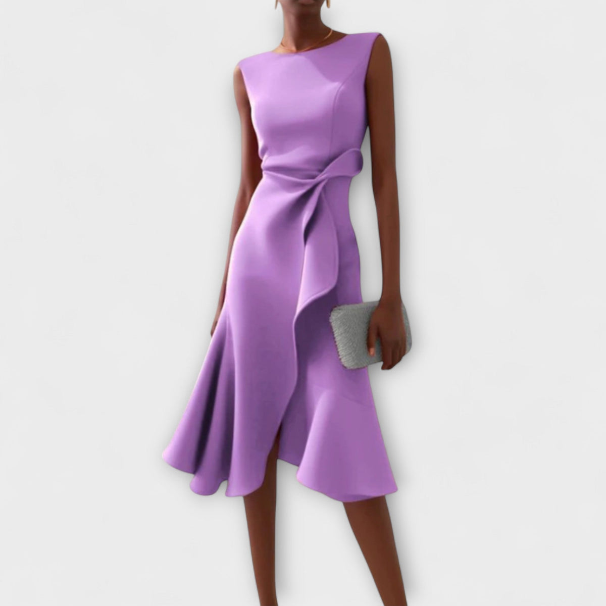Darlene | Women's Sleeveless Asymmetric Midi Dress, Draped Wedding Guest Dress