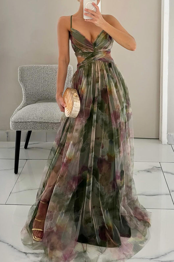 Eirith | Women's Watercolour Print Maxi Dress, Plunging Neckline Dress for Evening Events