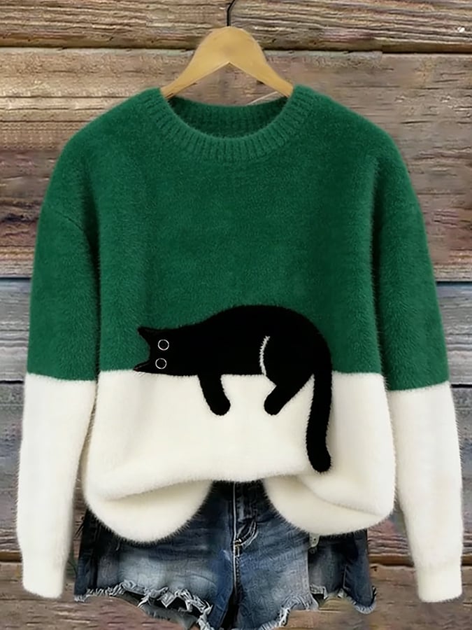 Luna | Women's Cat Print Cotton Blend Sweater, Relaxed Fit Casual Knit Sweater