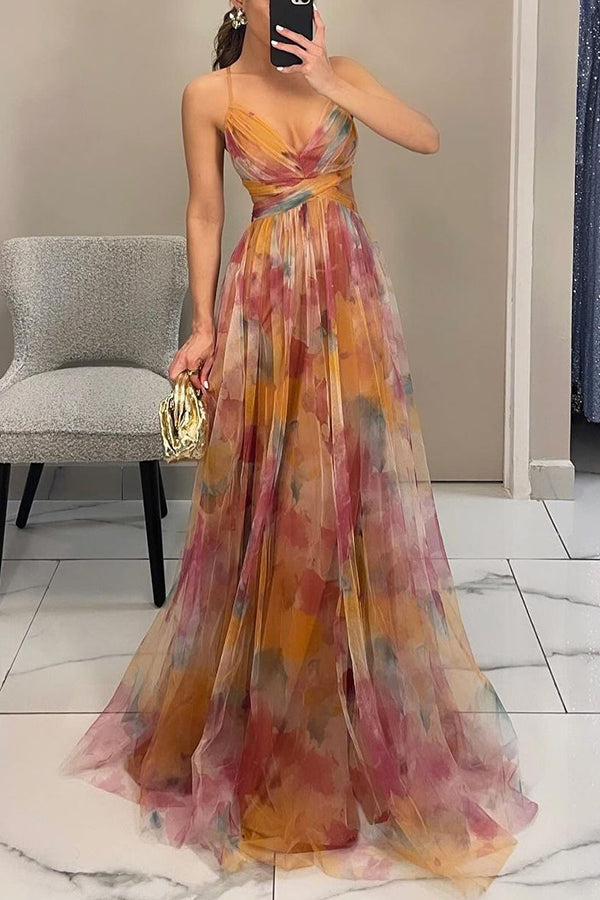 Eirith | Women's Watercolour Print Maxi Dress, Plunging Neckline Dress for Evening Events