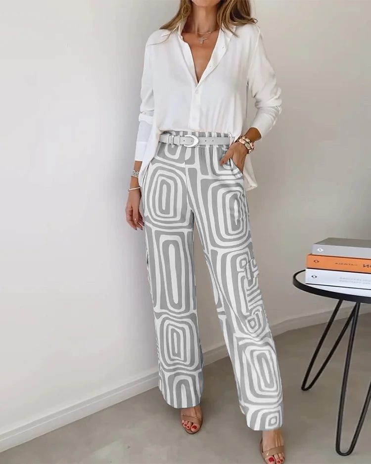 Kendra | Women's Minimalist Two-Piece Set, Blouse and Trousers Everyday Outfit