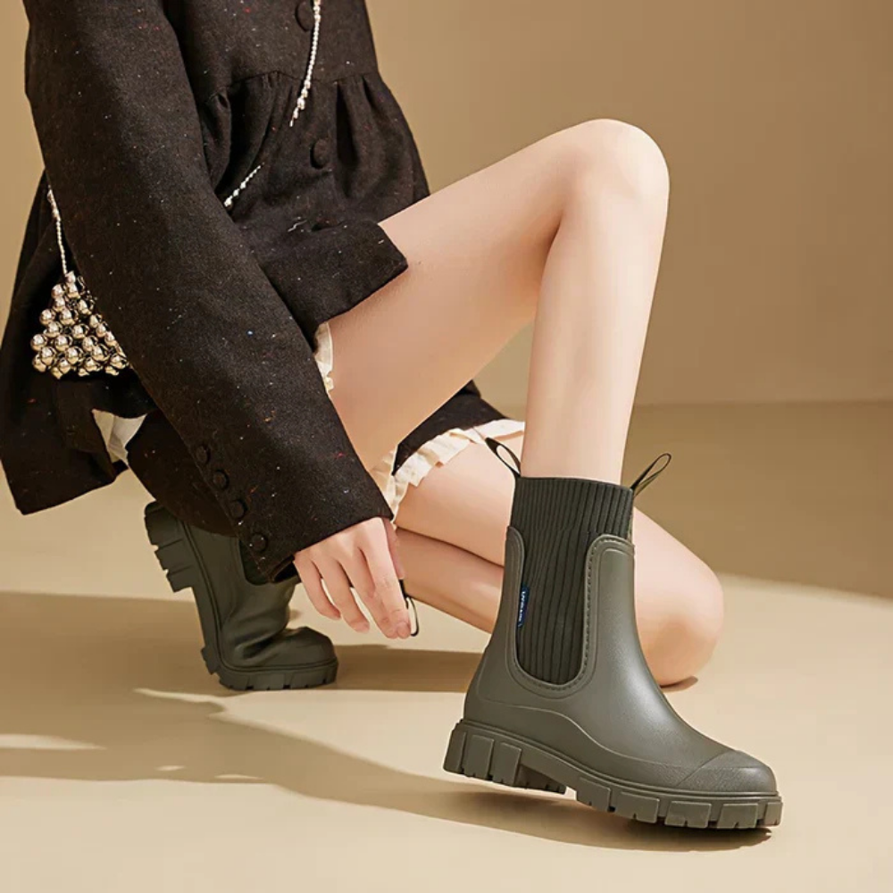 Irina | Women's Waterproof Rubber Rain Boots, Non-Slip Elastic-Panel Chelsea Boots
