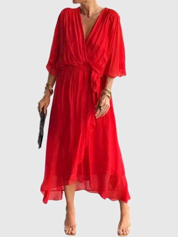 Bethany | Women's V-Neck Midi Dress, Lightweight Flowing Wedding Guest Dress