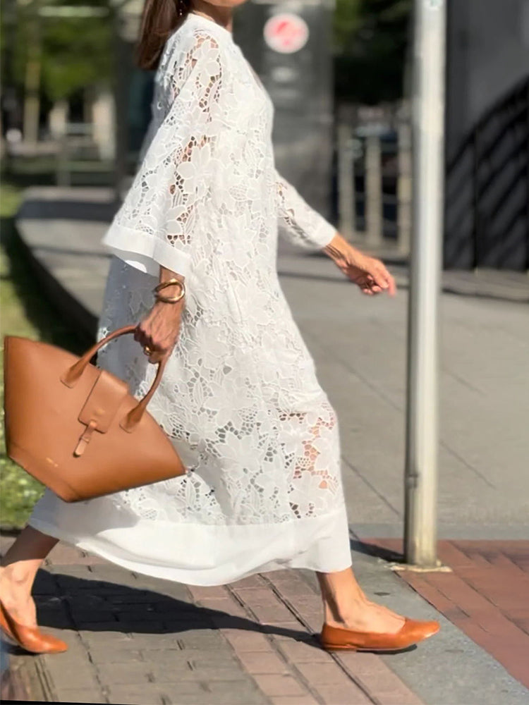 Isabelle | Women's All-Over Lace Midi Dress, Three-Quarter Sleeve Occasion Dress