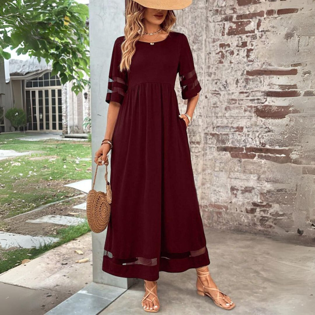 Aubrey | Women's Empire Waist Midi Dress, Tummy-Smoothing Flowy Day Dress