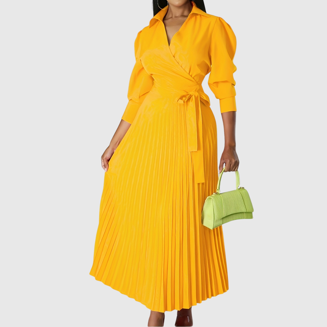 Evelina | Women's Pleated Wrap Midi Dress, Three-Quarter Sleeve Belted Dress