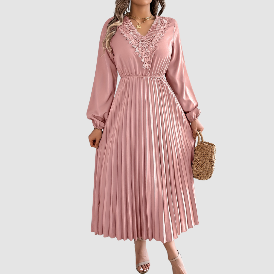 Rosalind Quinn | Women's Lace Trim V-Neck A-Line Dress, Long Sleeve Fall Dress