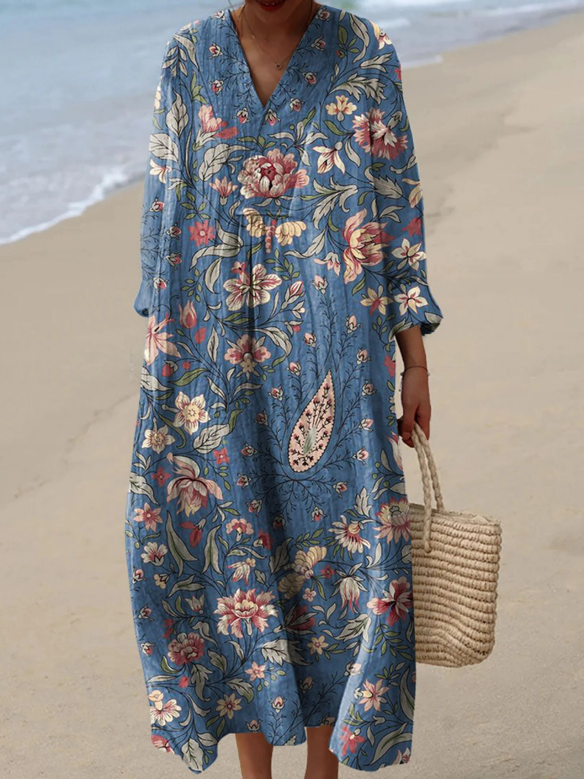 Women's Vintage Floral Print Cotton Dress, Long Sleeve Spring Dress for Everyday Wear