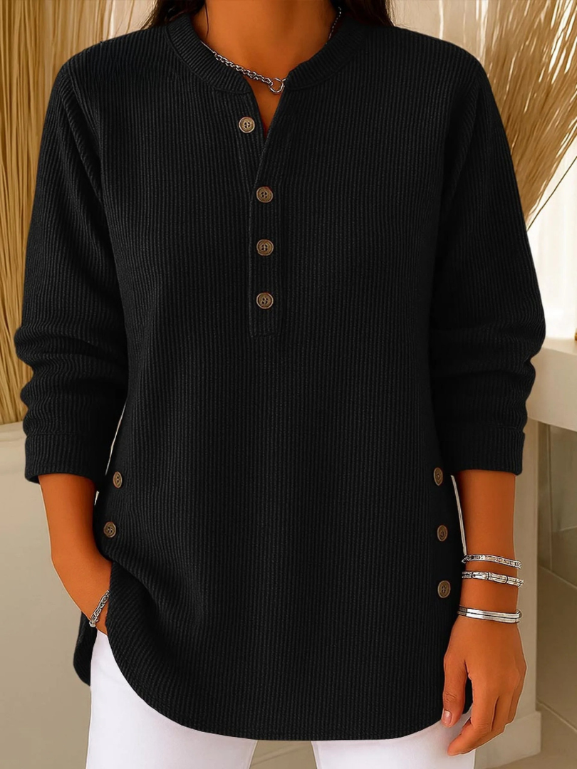 Claudia | Women's Ribbed Knit Tunic Top, Longline Button Detail Comfort Tunic