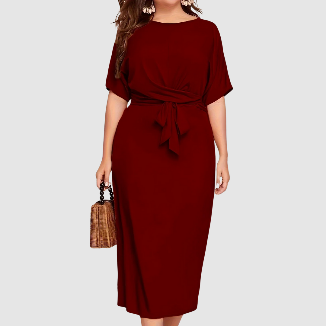 Margaux Lane | Women's Tie Waist Draped Midi Dress, Relaxed Sleeve Fall Dress
